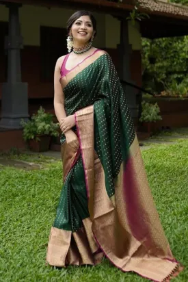 Adorning Dark Green Soft Silk Saree With Glorious Blouse Piece