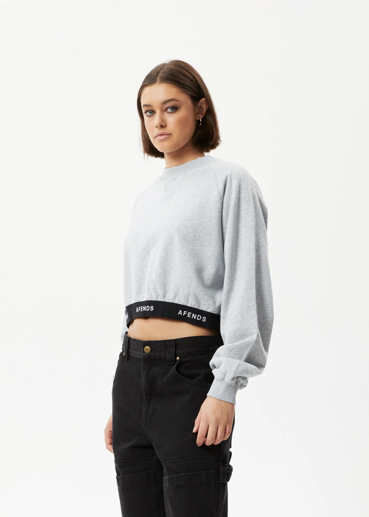 AFENDS Womens Homebase - Cropped Crew Neck Jumper - Shadow Grey Marle