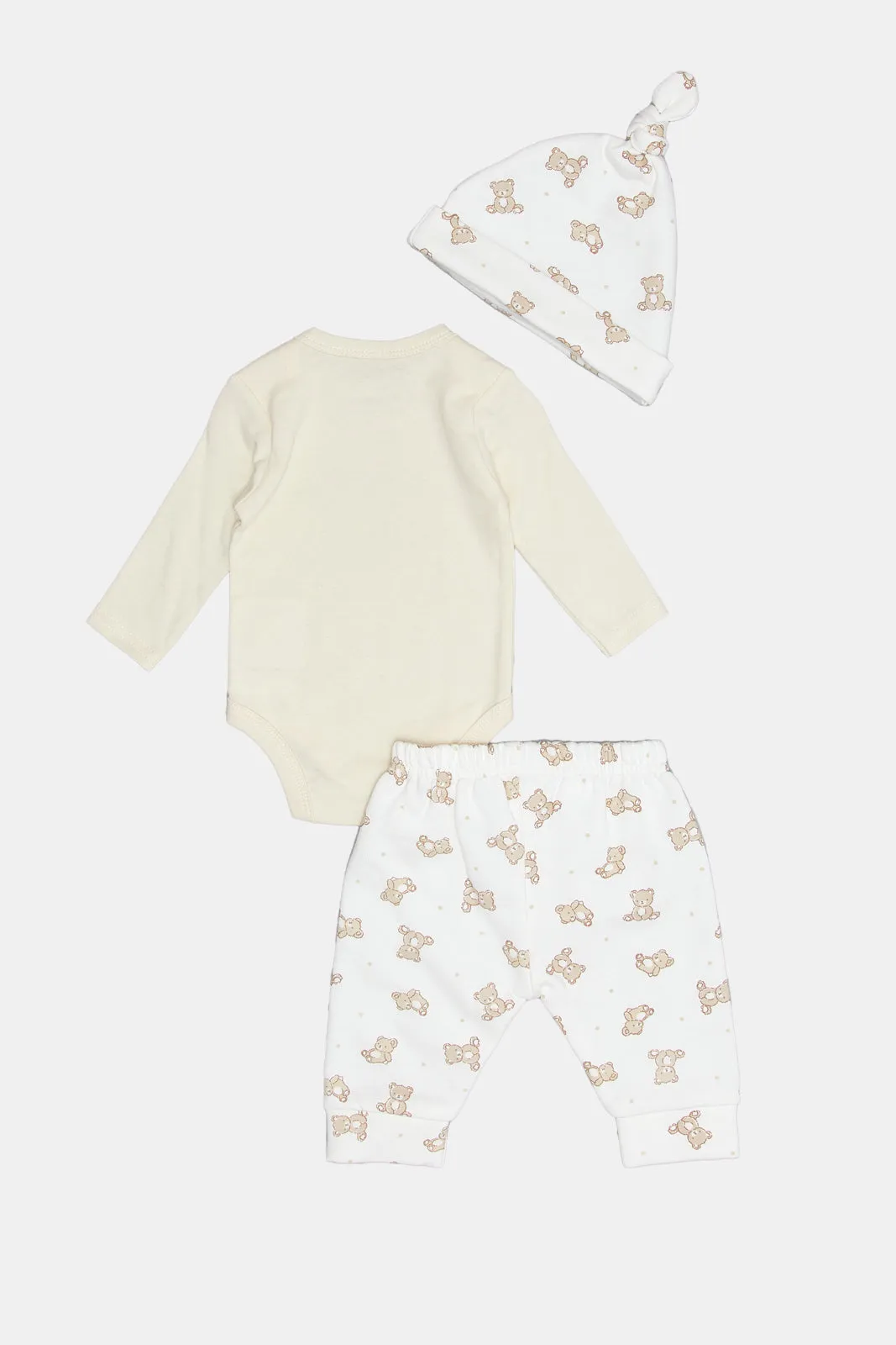 Babies White And Beige Printed Bodysuit Set (3 Piece)