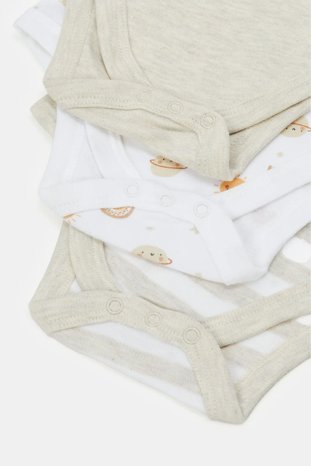 Baby Beige And White Printed Bodysuit Set (Pack Of 3)