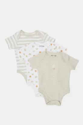 Baby Beige And White Printed Bodysuit Set (Pack Of 3)