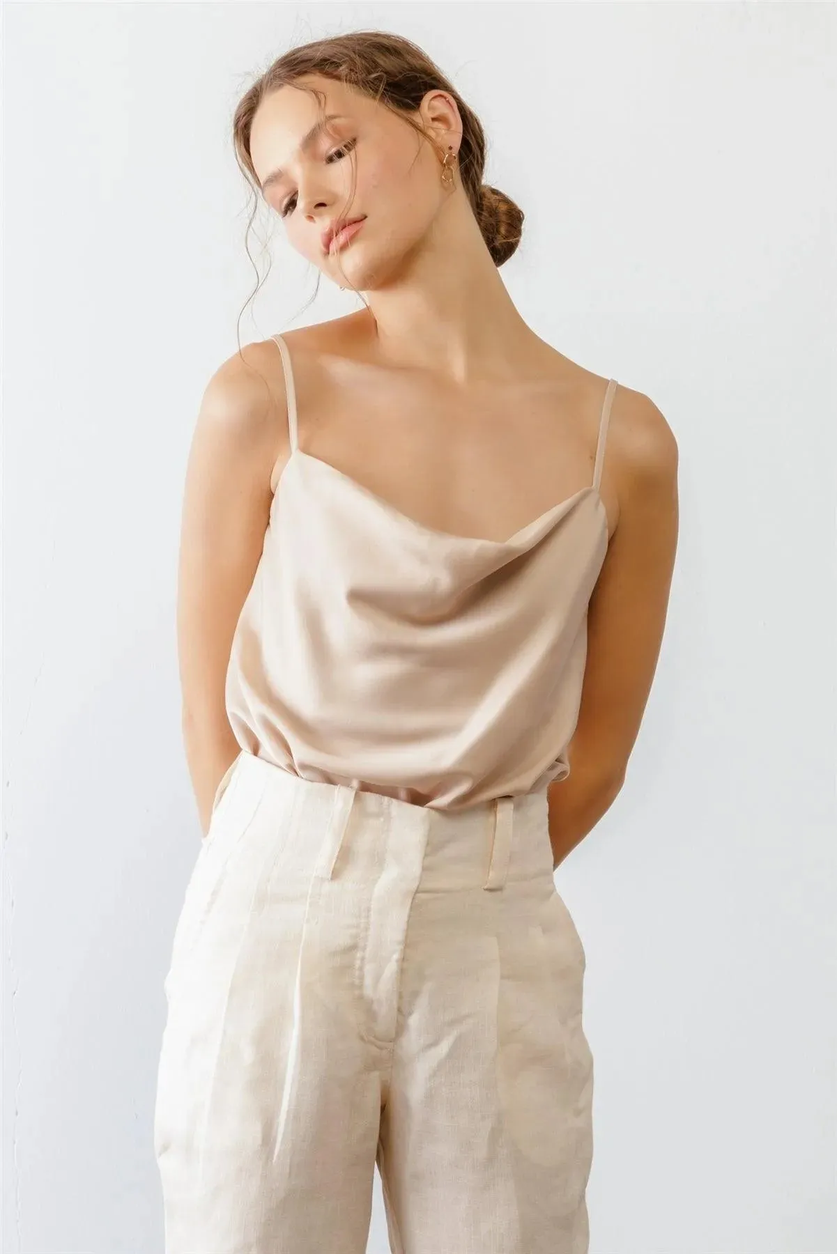 Beige Satin Cowl Neck Strappy Bodysuit /3-2-1