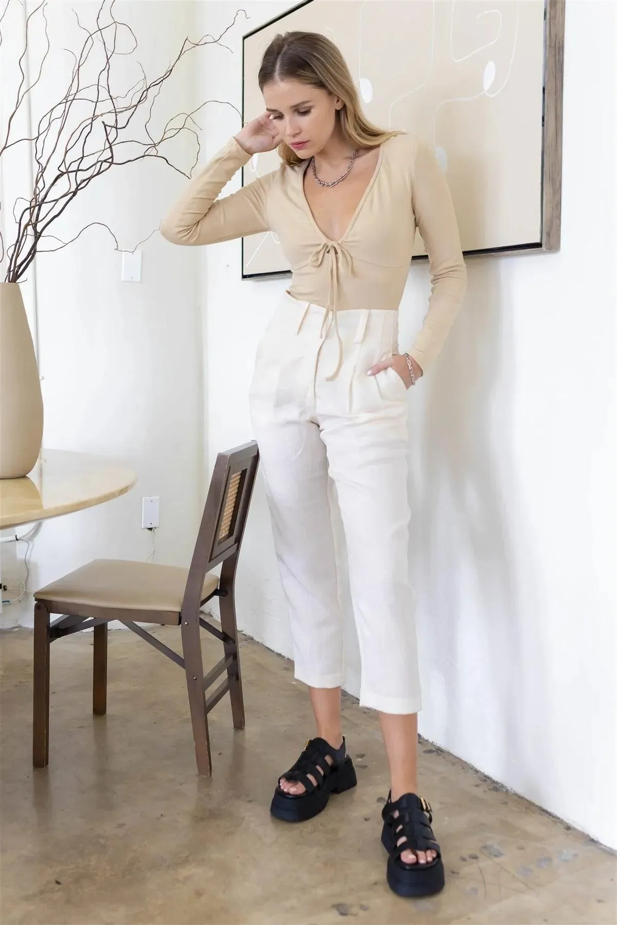 Beige Self-Tie V-Neck Long Sleeve Bodysuit /2-2-1