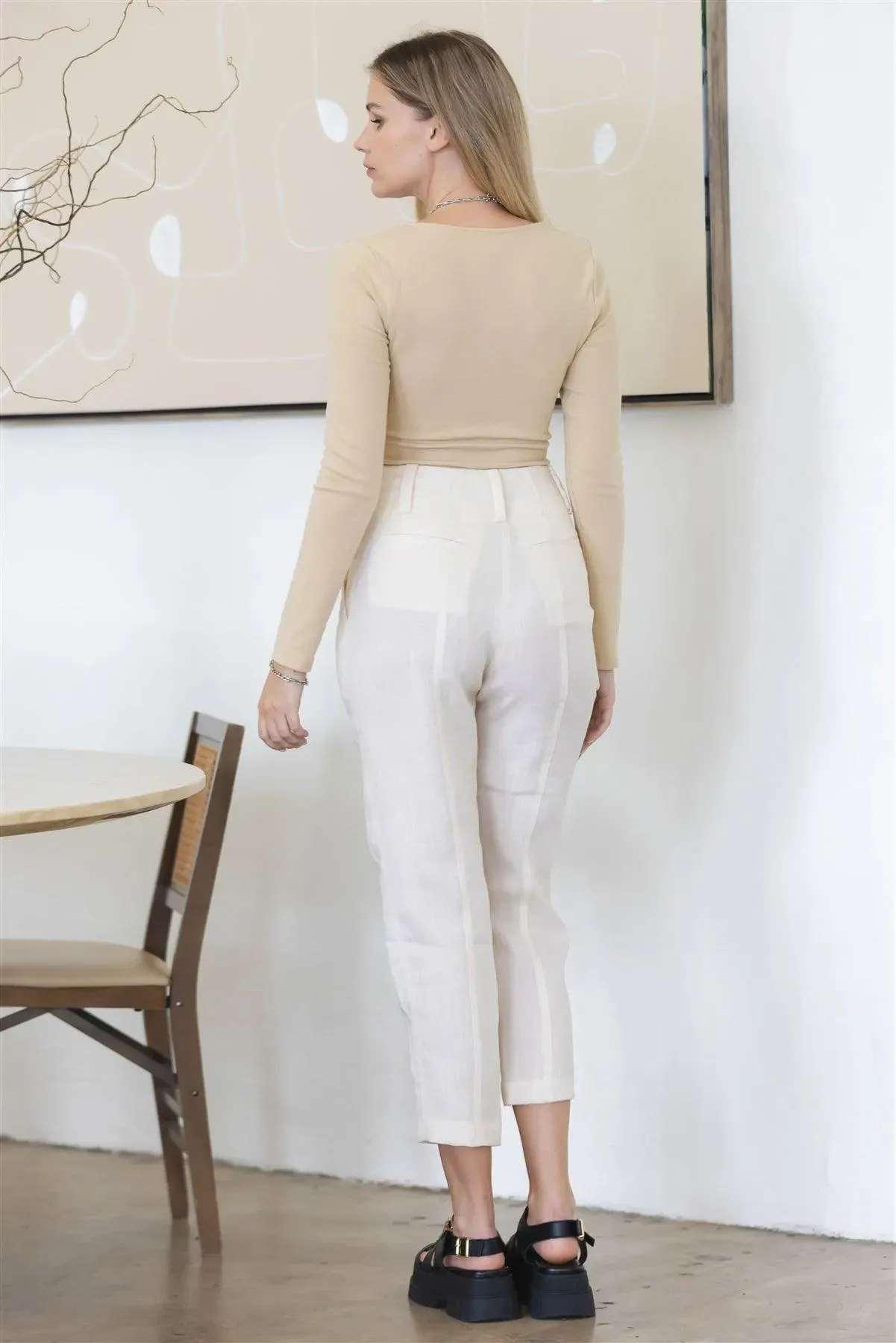 Beige Self-Tie V-Neck Long Sleeve Bodysuit /2-2-1