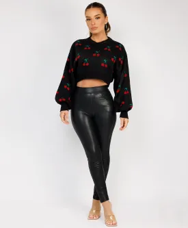 Black Cherry Detail Oversized Cropped Knitted Jumper