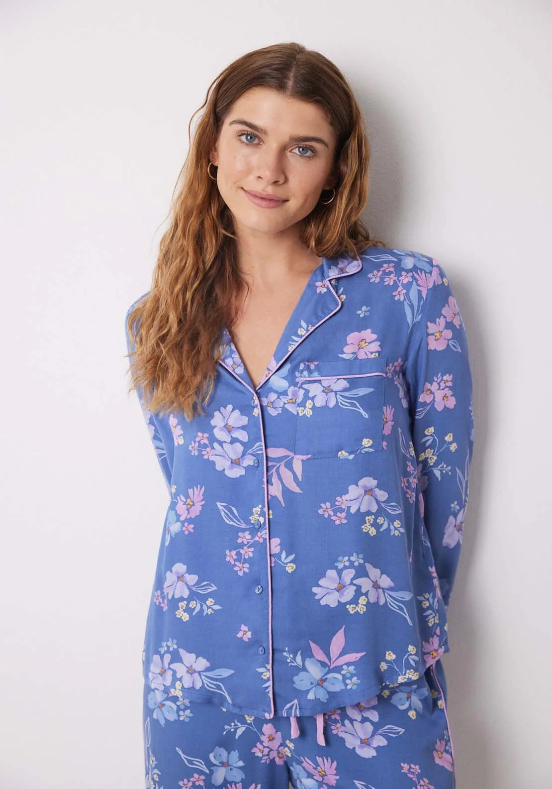 Blue floral soft touch shirt pajamas - Blue