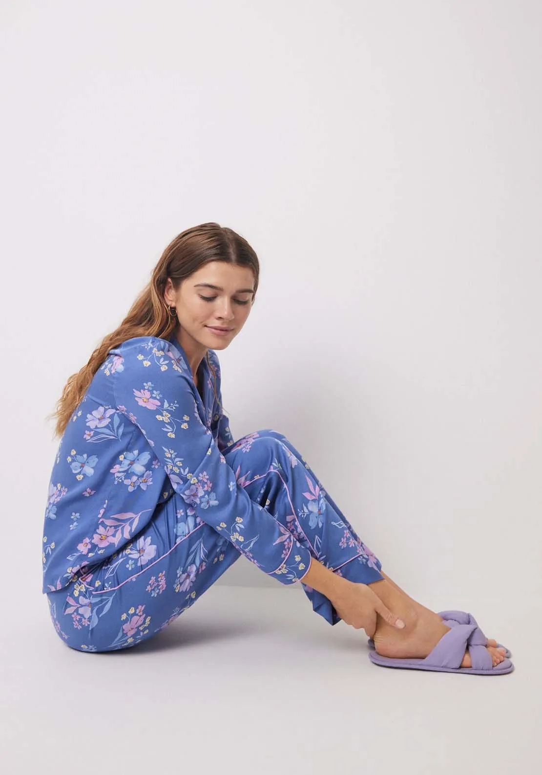 Blue floral soft touch shirt pajamas - Blue