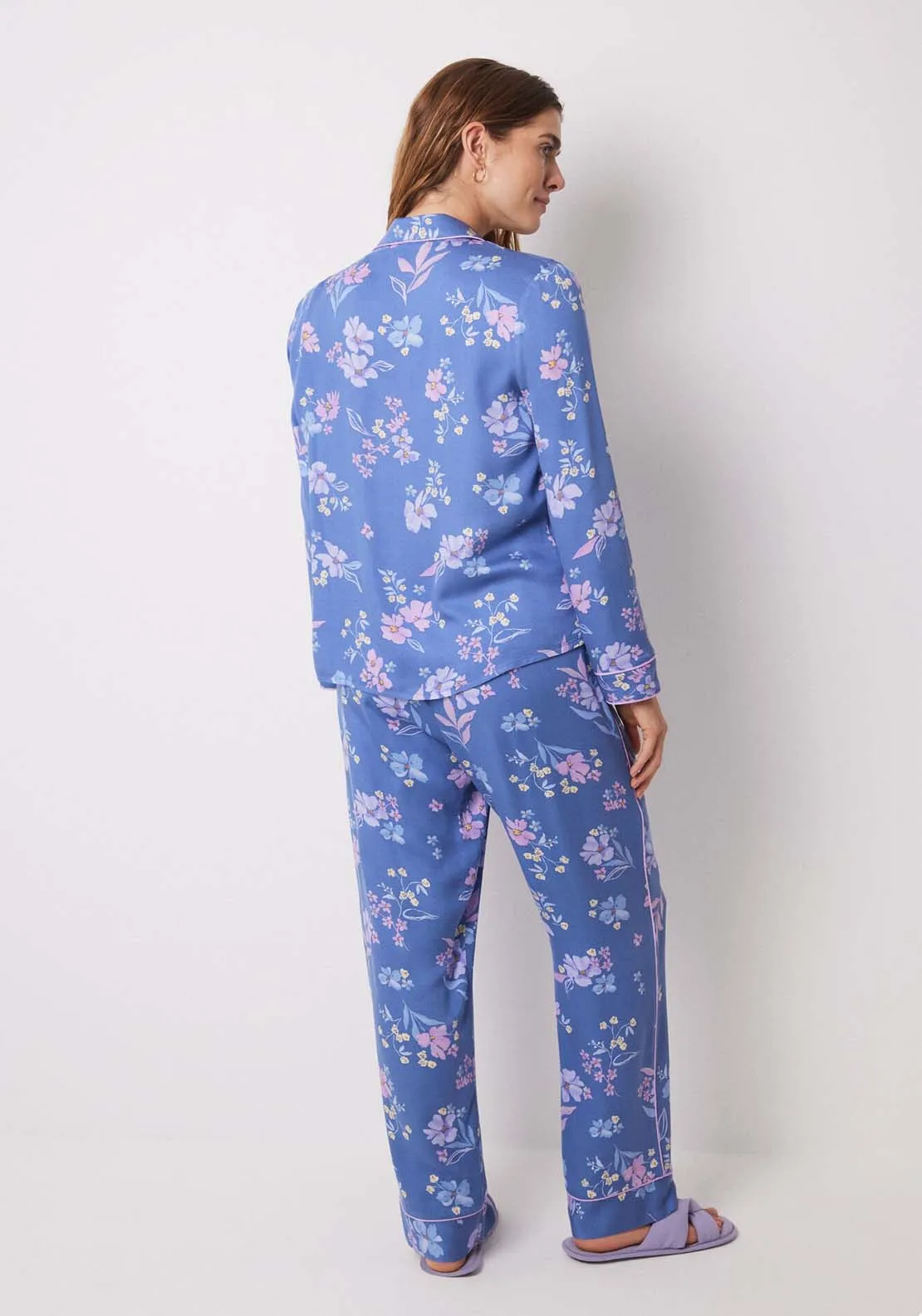 Blue floral soft touch shirt pajamas - Blue