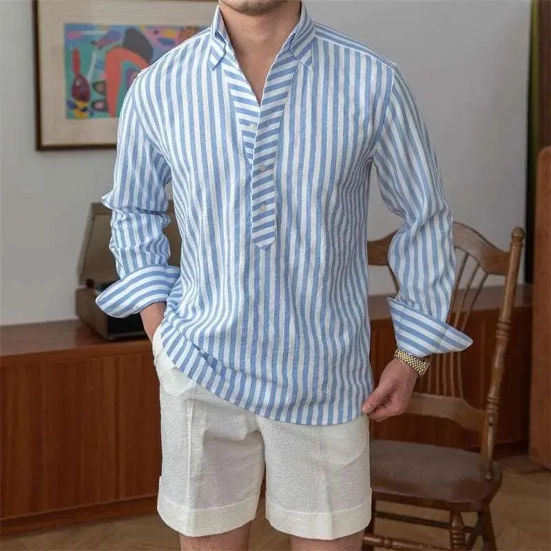 Breathable Seersucker Striped Long Sleeved Shirt