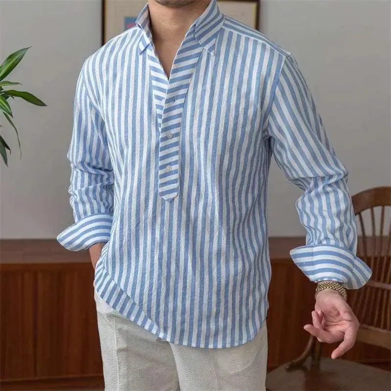 Breathable Seersucker Striped Long Sleeved Shirt