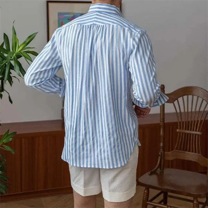 Breathable Seersucker Striped Long Sleeved Shirt