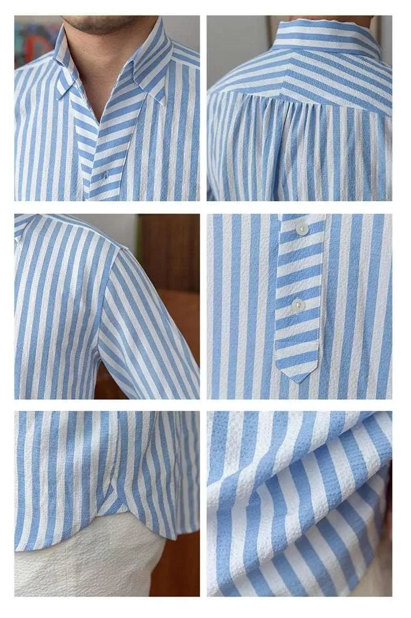 Breathable Seersucker Striped Long Sleeved Shirt