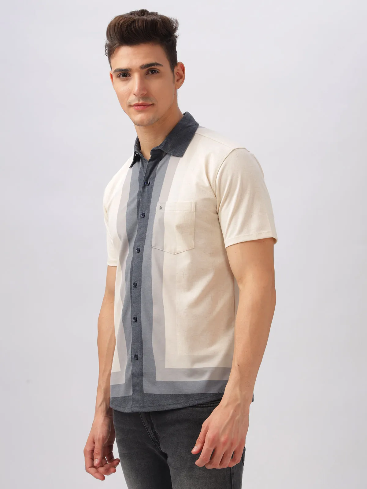 BULLMER Beige Trendy Regular Fit Printed Causal Half sleeve Shirt For Men