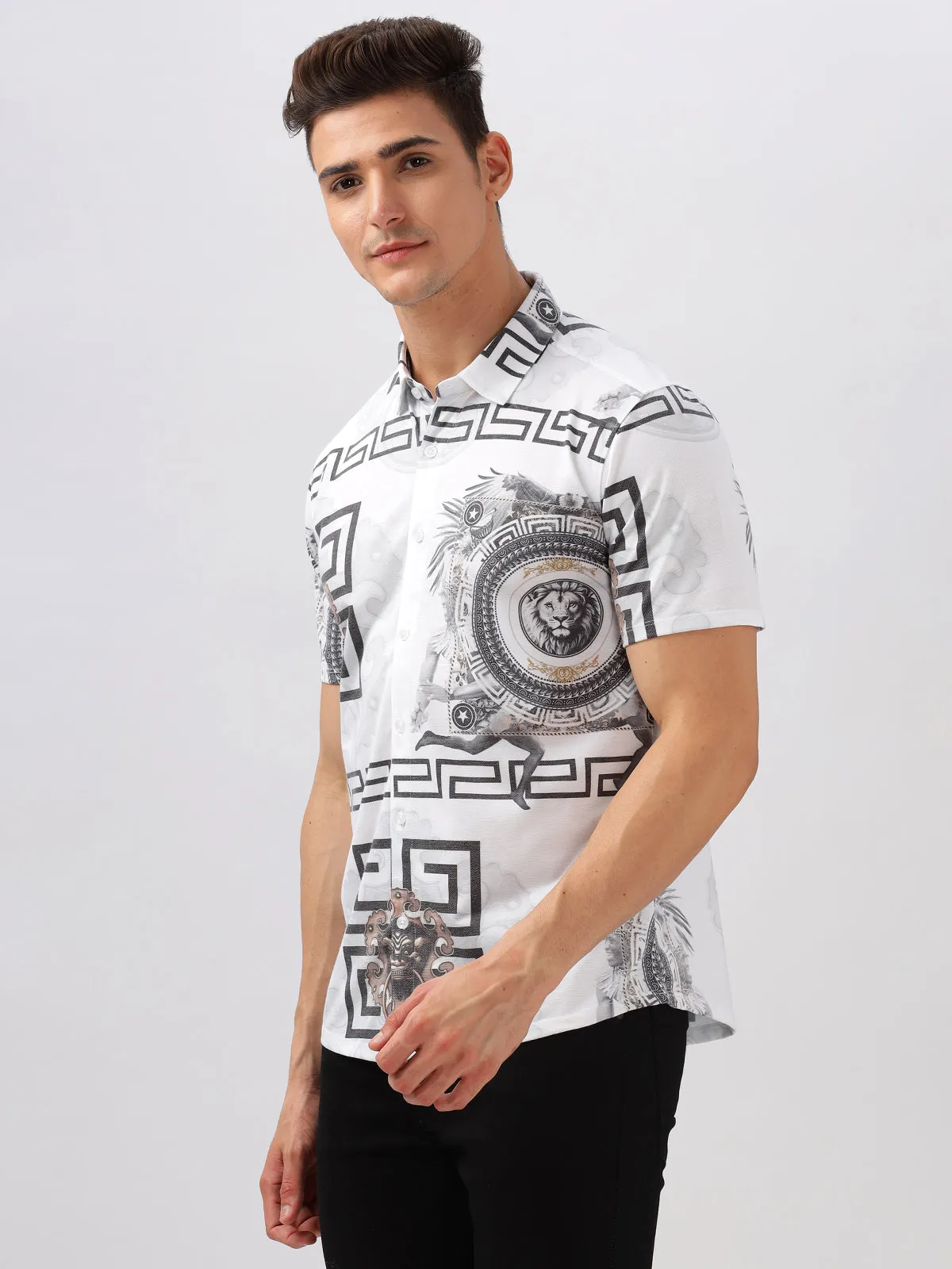 BULLMER White Trendy Regular Fit Printed Causal Half sleeve Shirt For Men