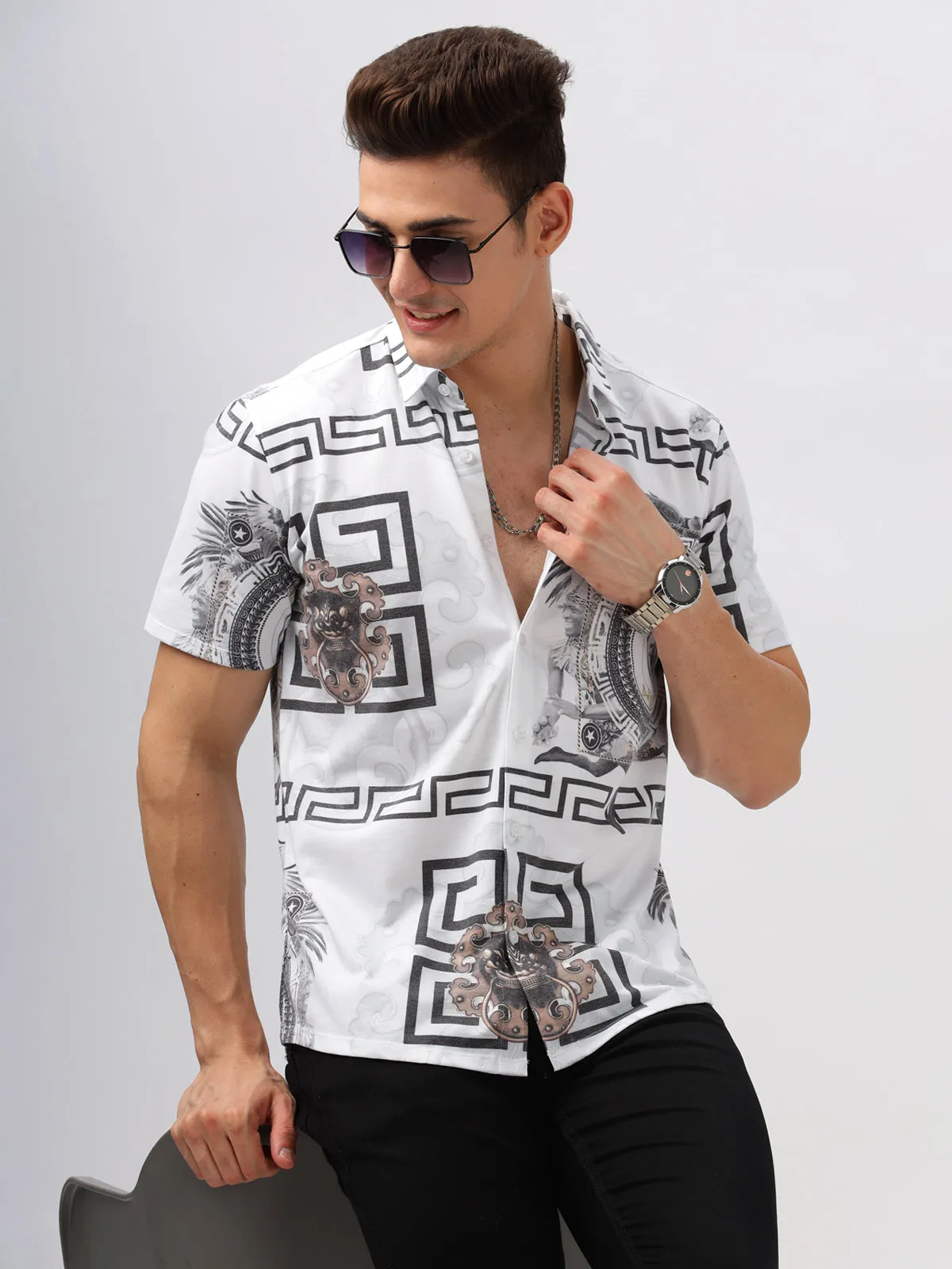 BULLMER White Trendy Regular Fit Printed Causal Half sleeve Shirt For Men