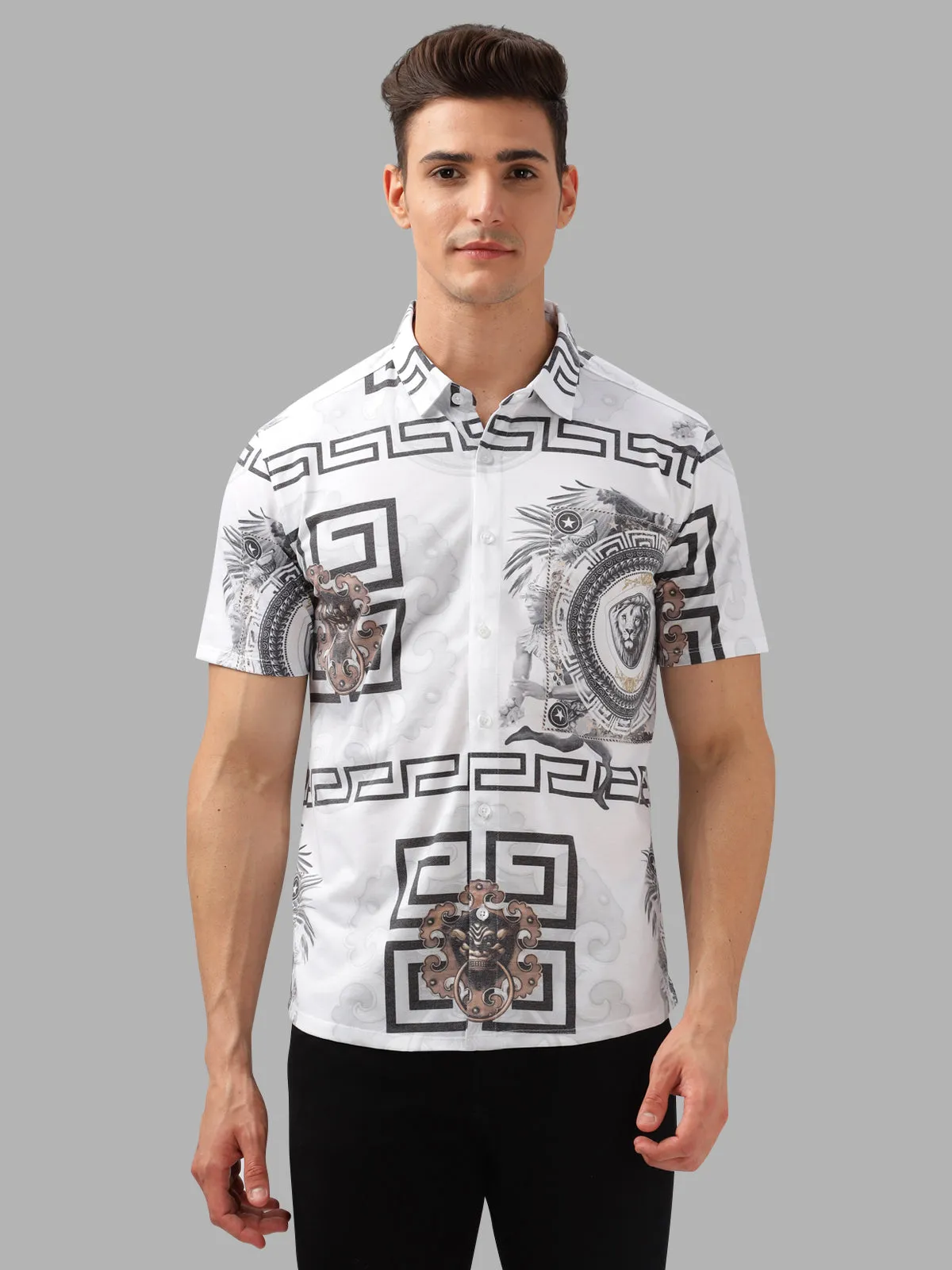 BULLMER White Trendy Regular Fit Printed Causal Half sleeve Shirt For Men