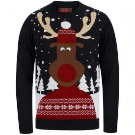 Christmas Snow Scene Rudolph Mens Christmas Jumper - Navy