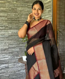 Confounding Black Soft Silk Saree With Lagniappe Blouse Piece