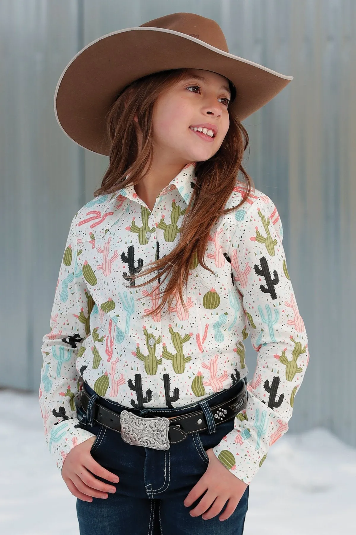 Cruel Girl's Cacti Long Sleeve Western Button Down Shirt in Cream