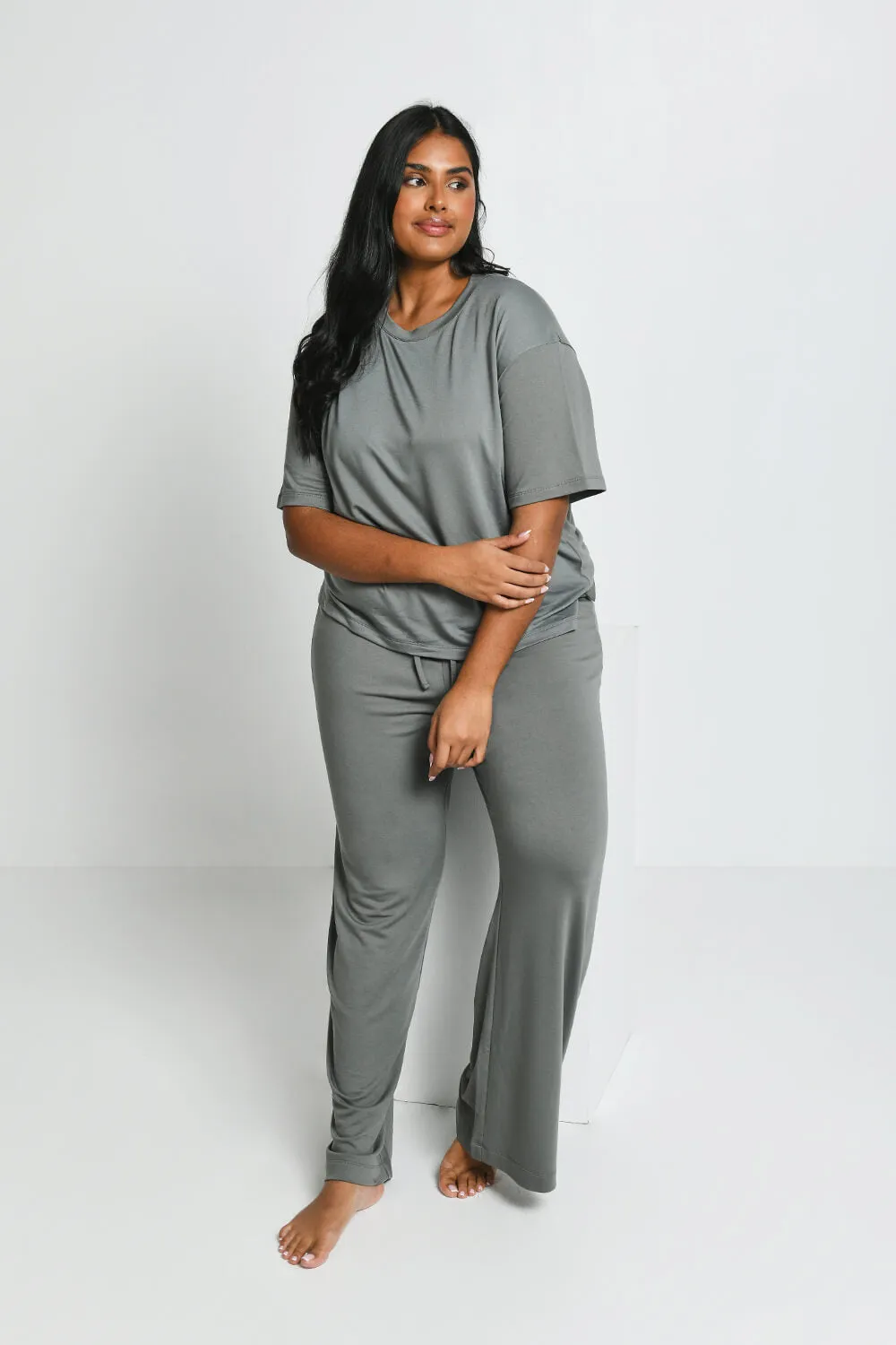 Curve Soft Touch Wide Leg Lounge Set - Sage Green