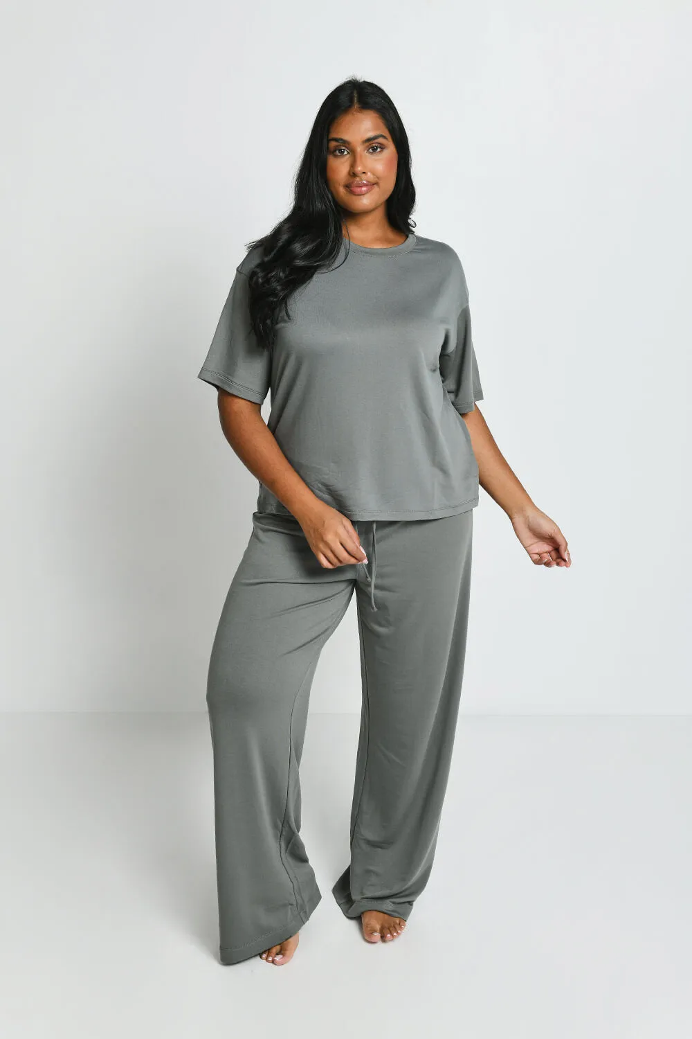 Curve Soft Touch Wide Leg Lounge Set - Sage Green