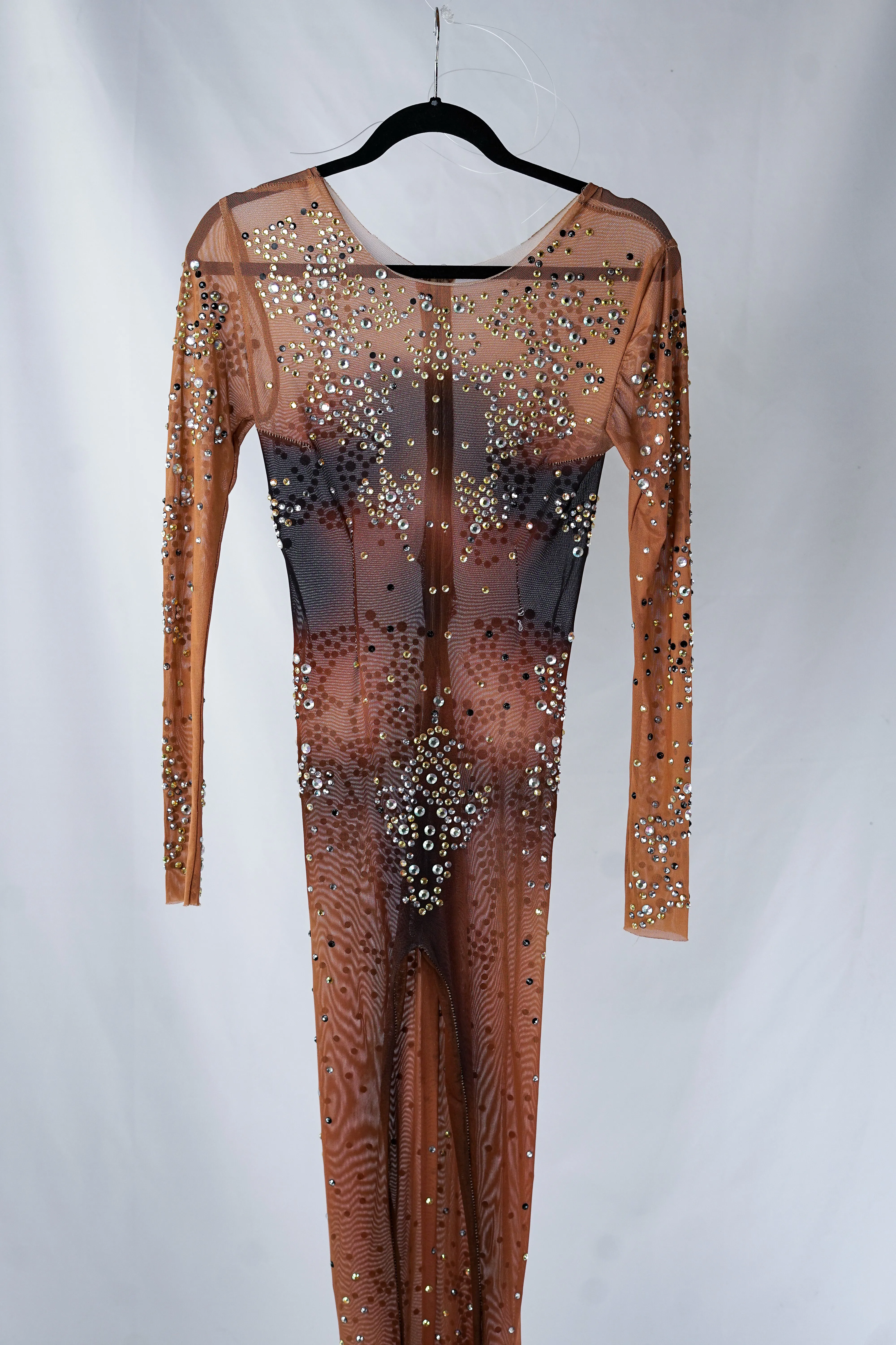 Dark Beige Mesh Bodysuit with Hand-Placed Crystals and Body Contour Pattern