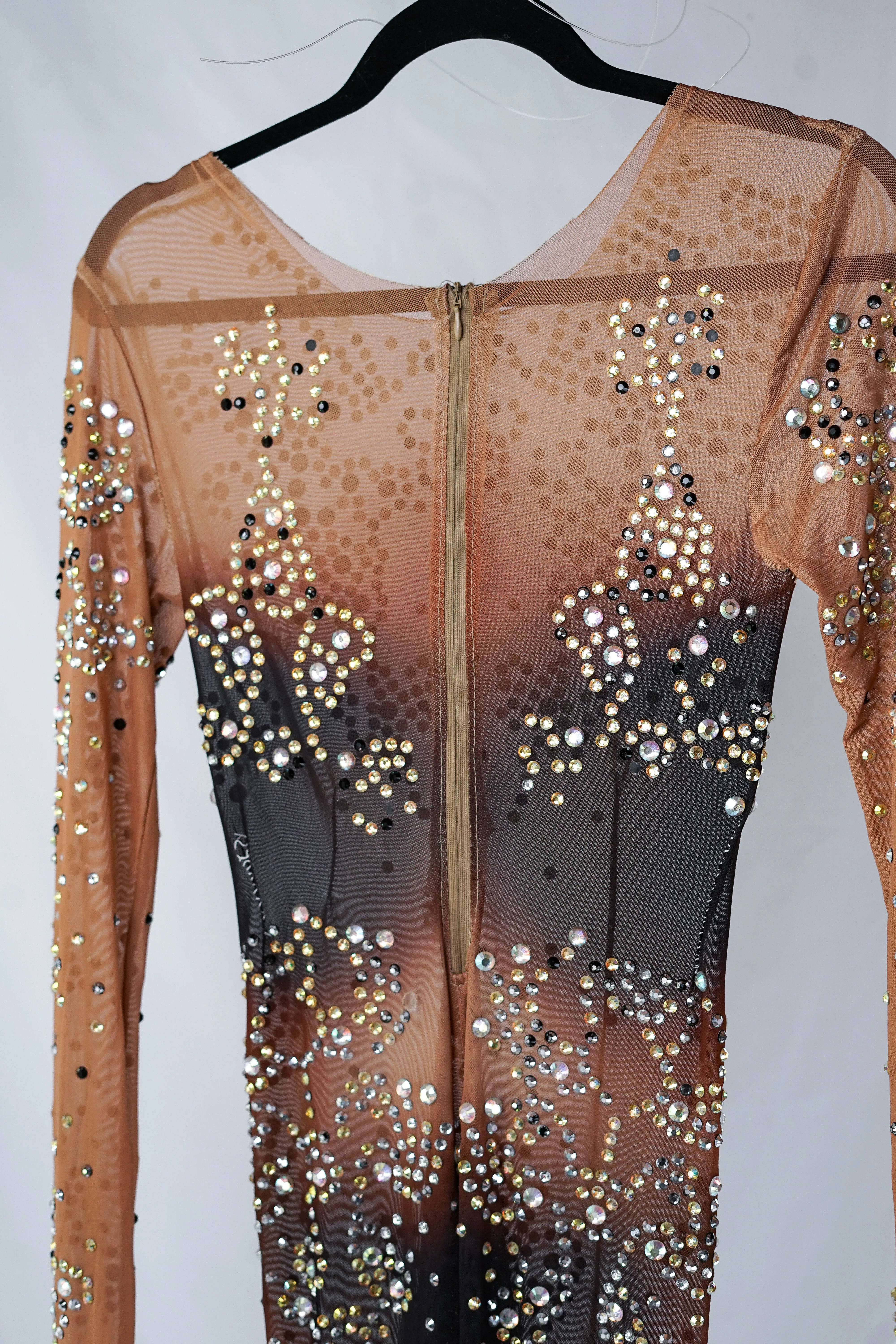 Dark Beige Mesh Bodysuit with Hand-Placed Crystals and Body Contour Pattern