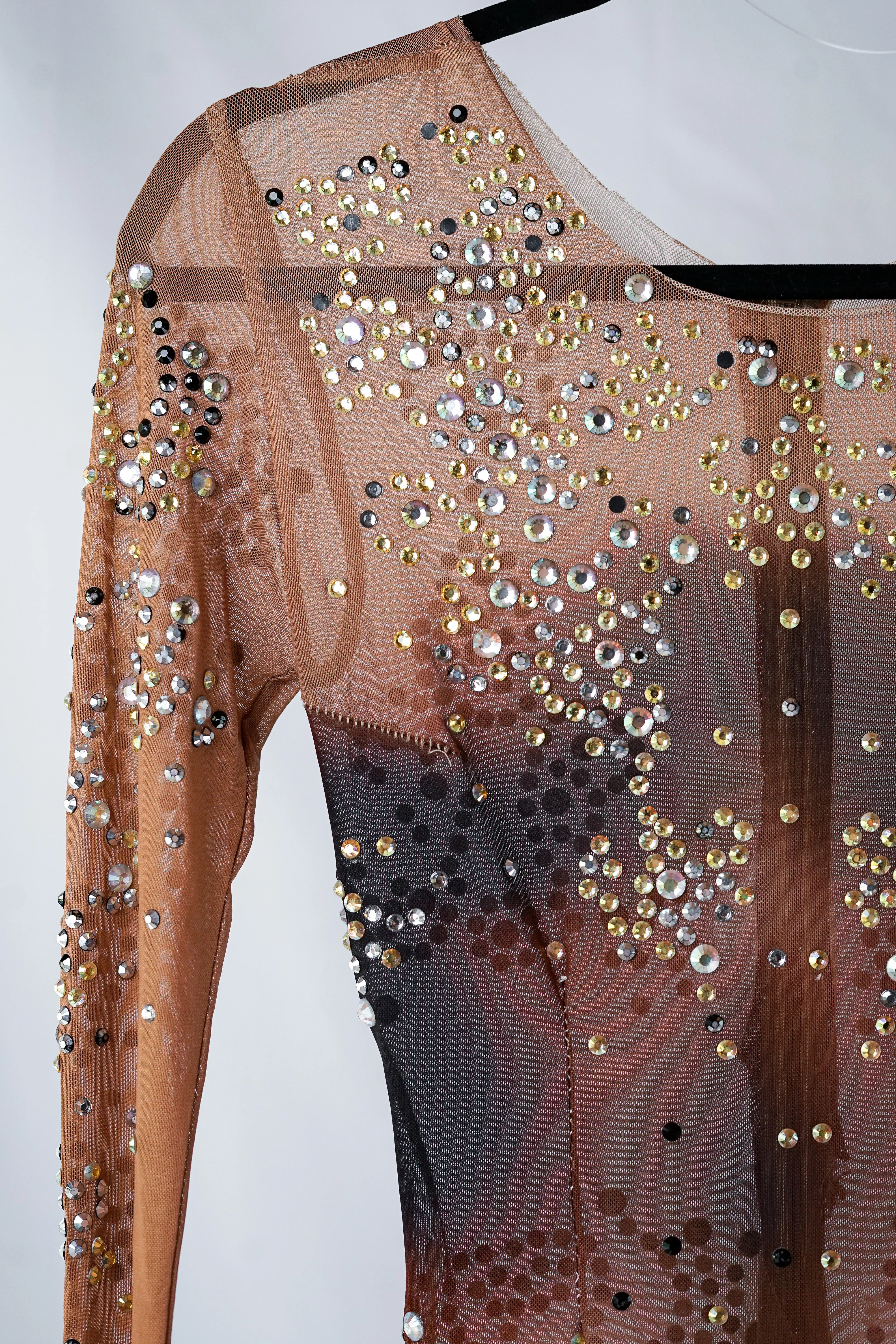 Dark Beige Mesh Bodysuit with Hand-Placed Crystals and Body Contour Pattern