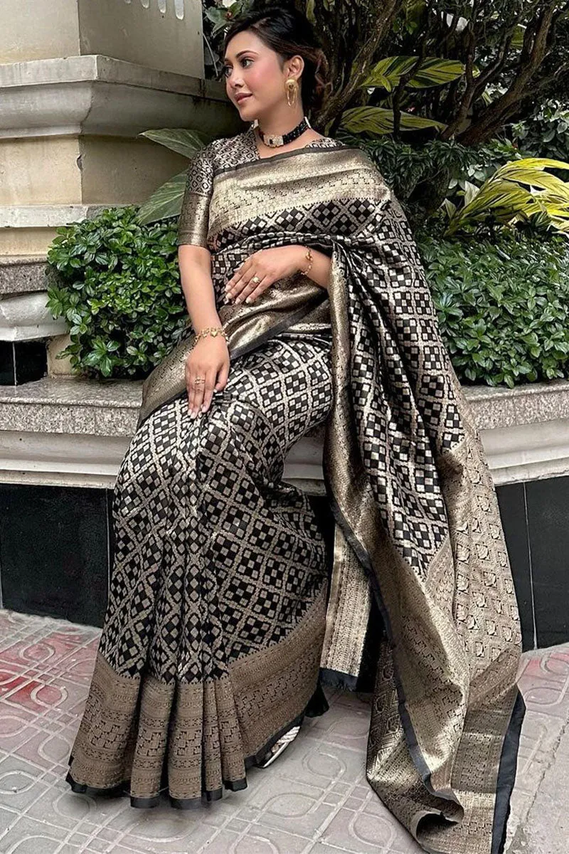 Ebullience Black Soft Silk Saree With Adorable Blouse Piece