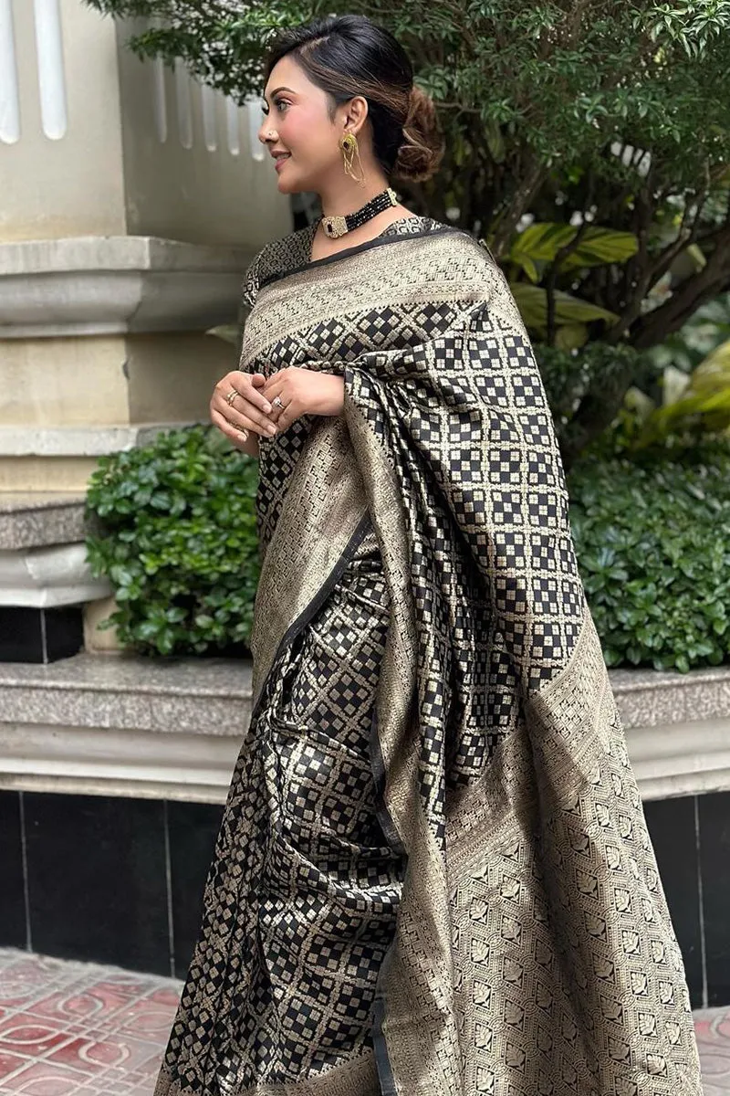 Ebullience Black Soft Silk Saree With Adorable Blouse Piece