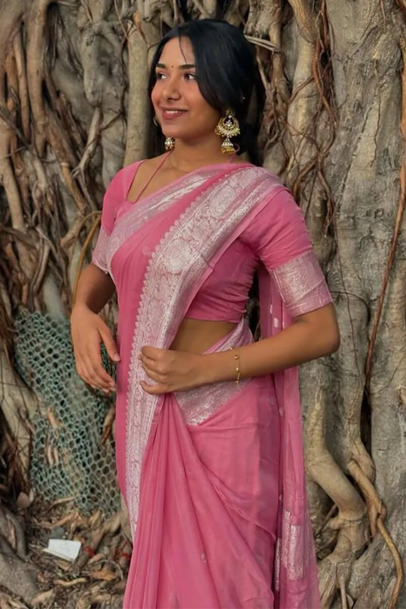 Elegant Pink Cotton Silk Saree With Attractive Blouse Piece