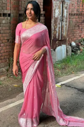 Elegant Pink Cotton Silk Saree With Attractive Blouse Piece