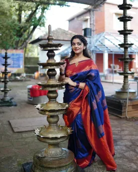 Energetic Navy Bule Soft Silk Saree With Designer Blouse Piece