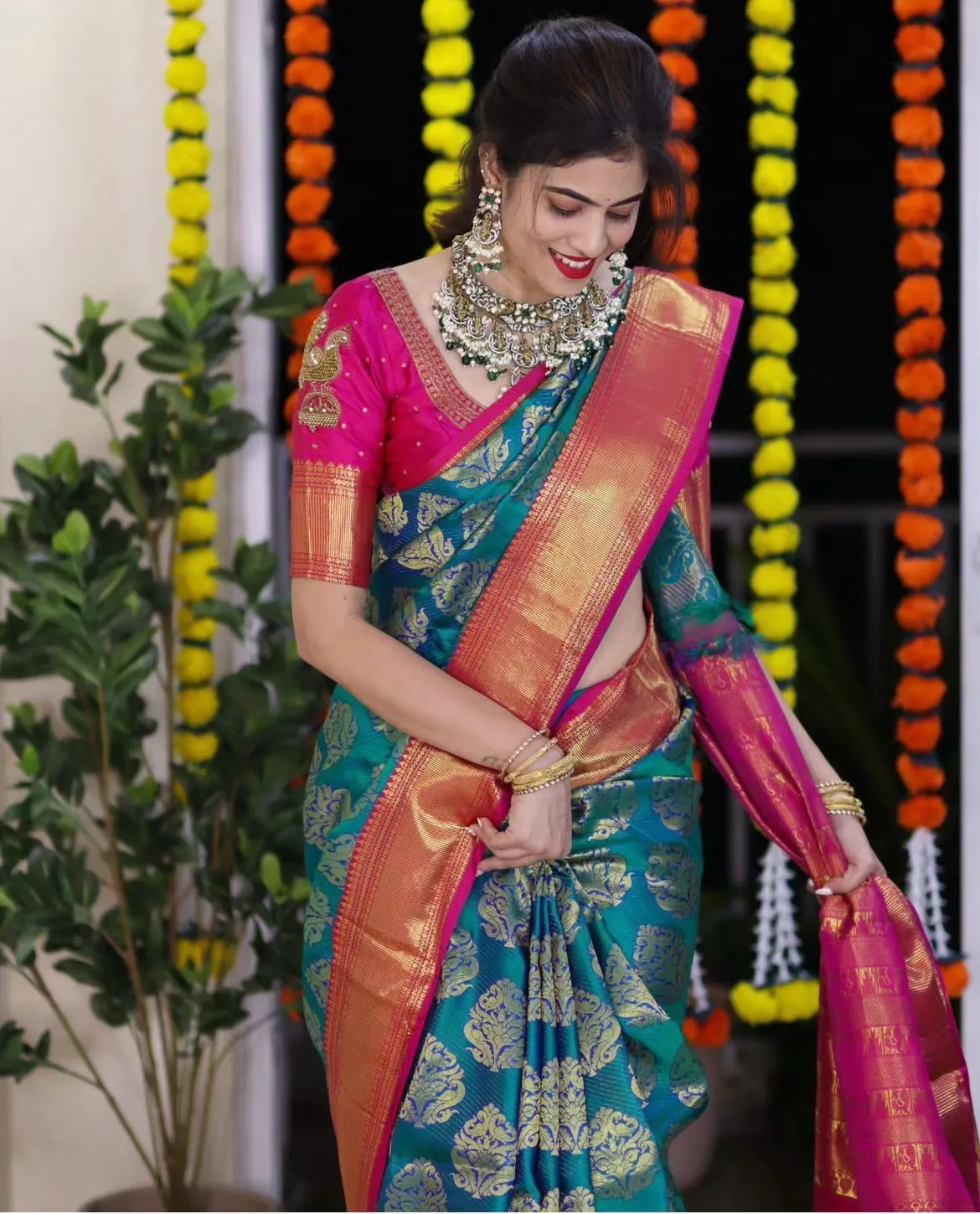 Engrossing Rama Soft Silk Saree With Radiant Blouse Piece