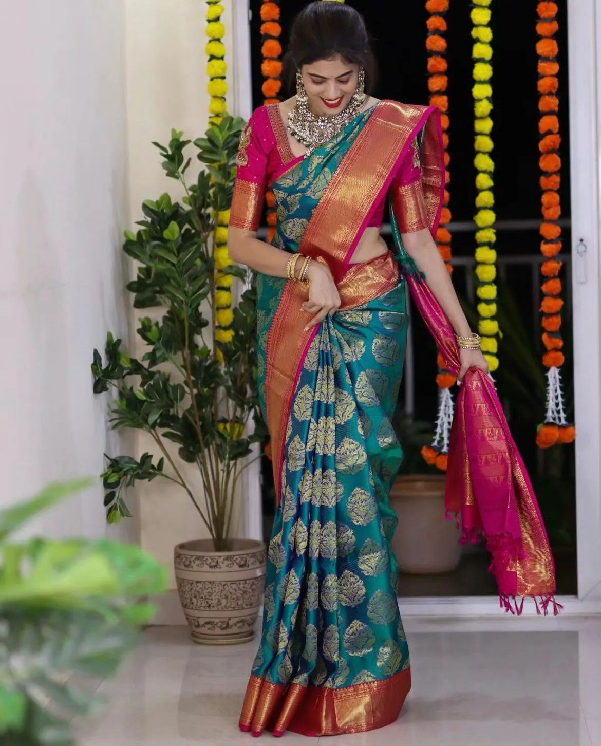 Engrossing Rama Soft Silk Saree With Radiant Blouse Piece