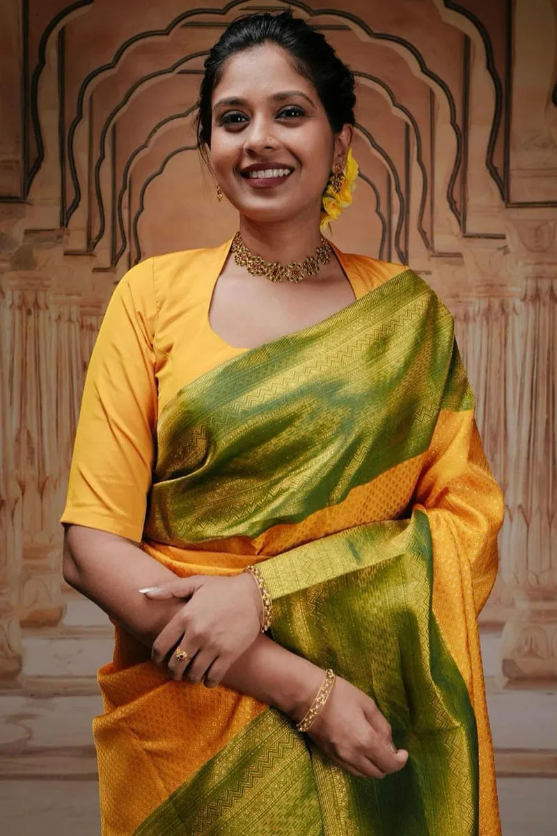 Excellent Yellow Soft Silk Saree With Engrossing Blouse Piece