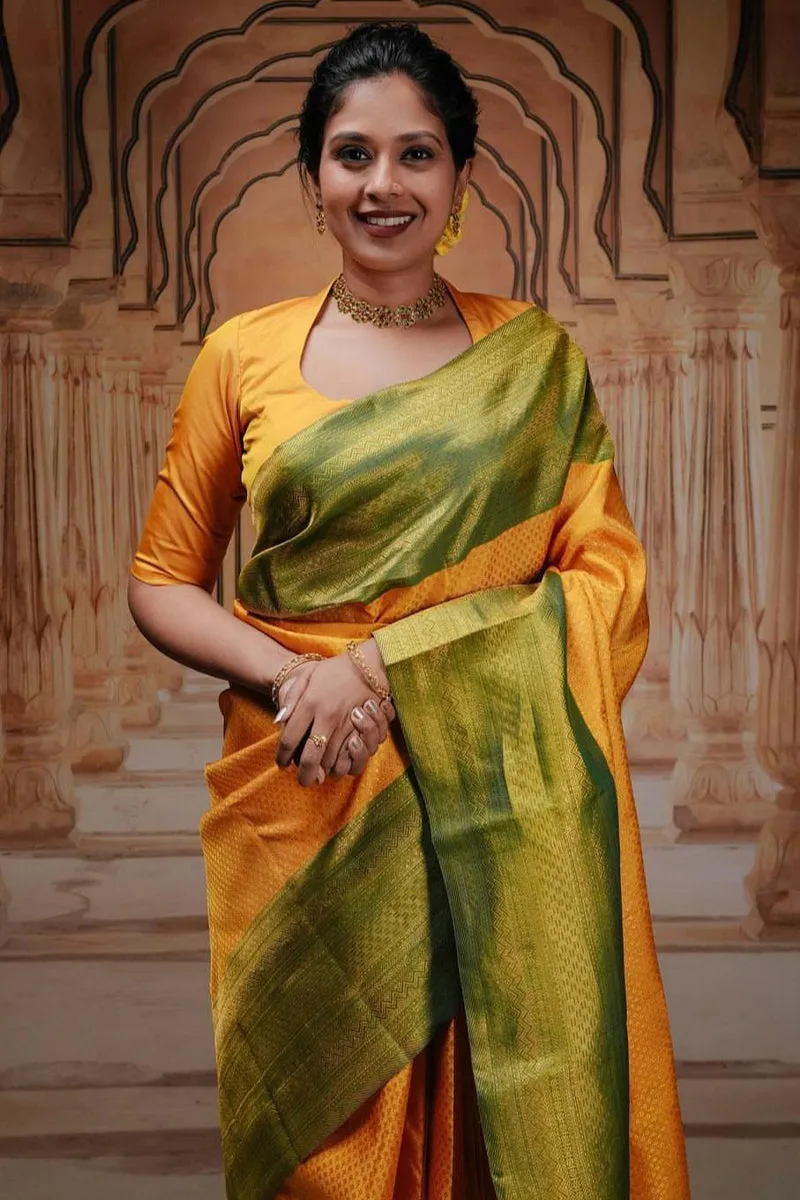 Excellent Yellow Soft Silk Saree With Engrossing Blouse Piece