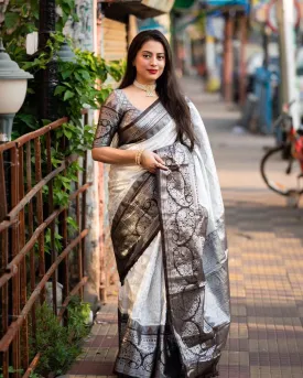 Flattering Off White Soft Silk Saree With Attractive Blouse Piece