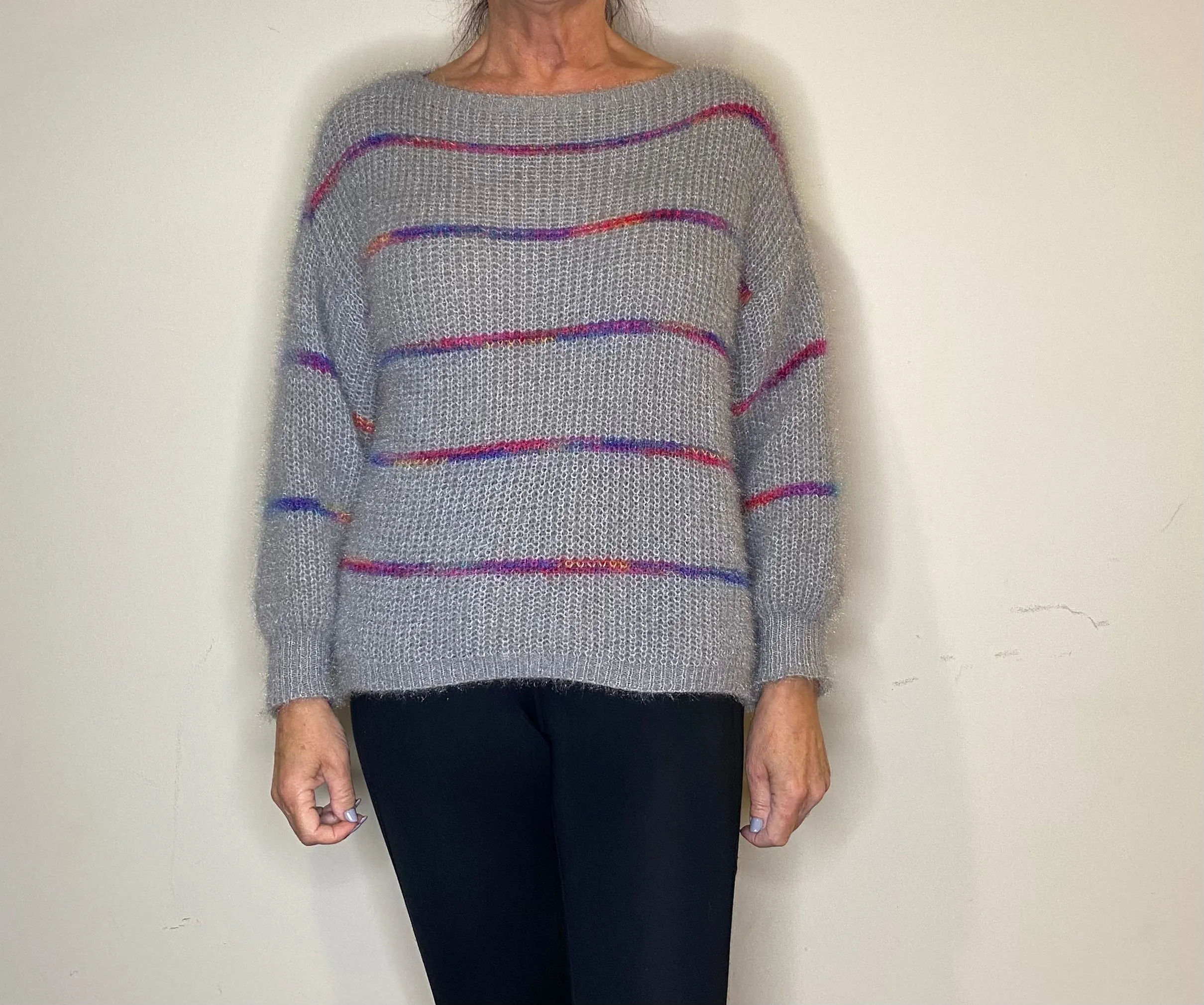 Flo Fluffy Grey Multi Stripe Jumper