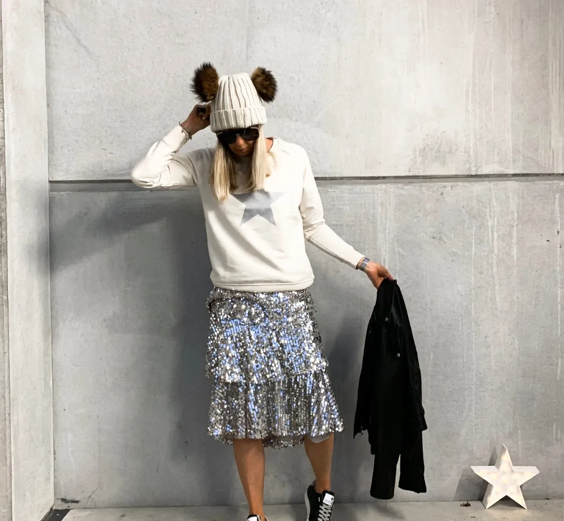 Glittery grey star cream raw sweatshirt