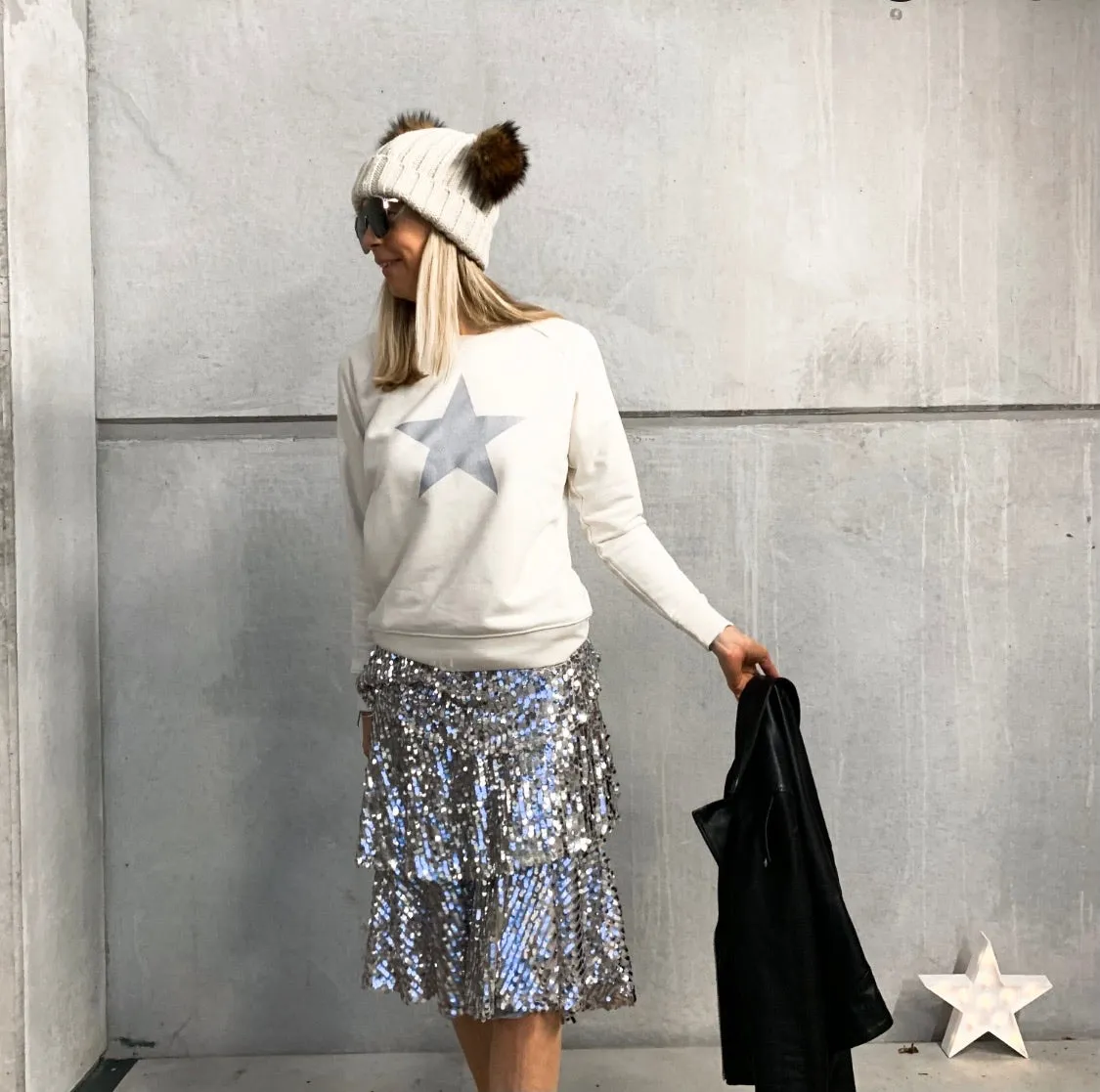 Glittery grey star cream raw sweatshirt