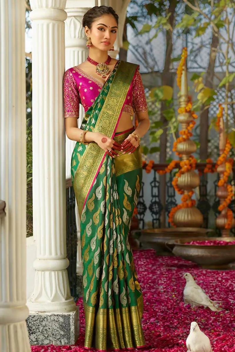 Gorgeous Dark Green Soft Silk Saree With Energetic Blouse Piece