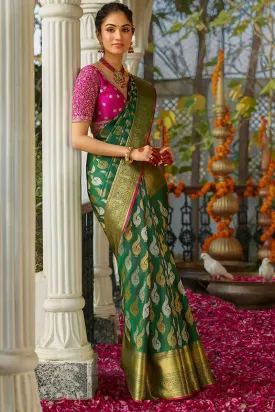 Gorgeous Dark Green Soft Silk Saree With Energetic Blouse Piece