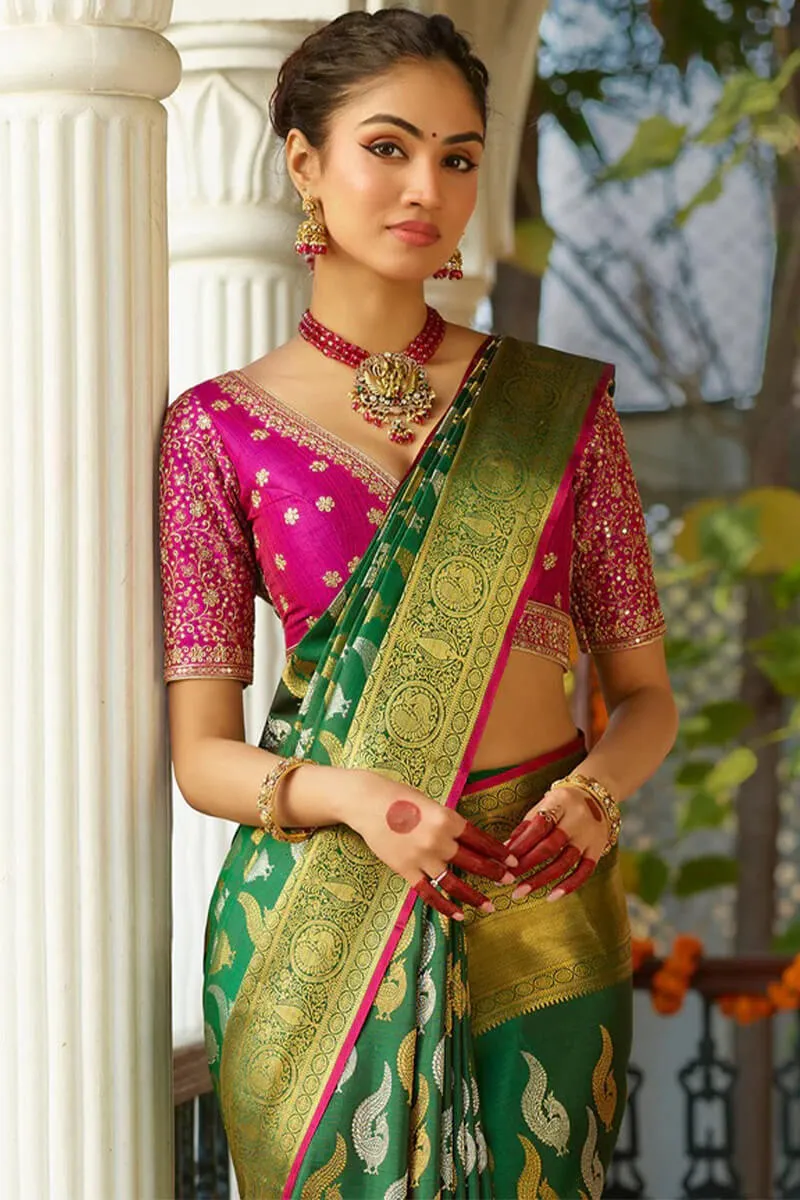 Gorgeous Dark Green Soft Silk Saree With Energetic Blouse Piece