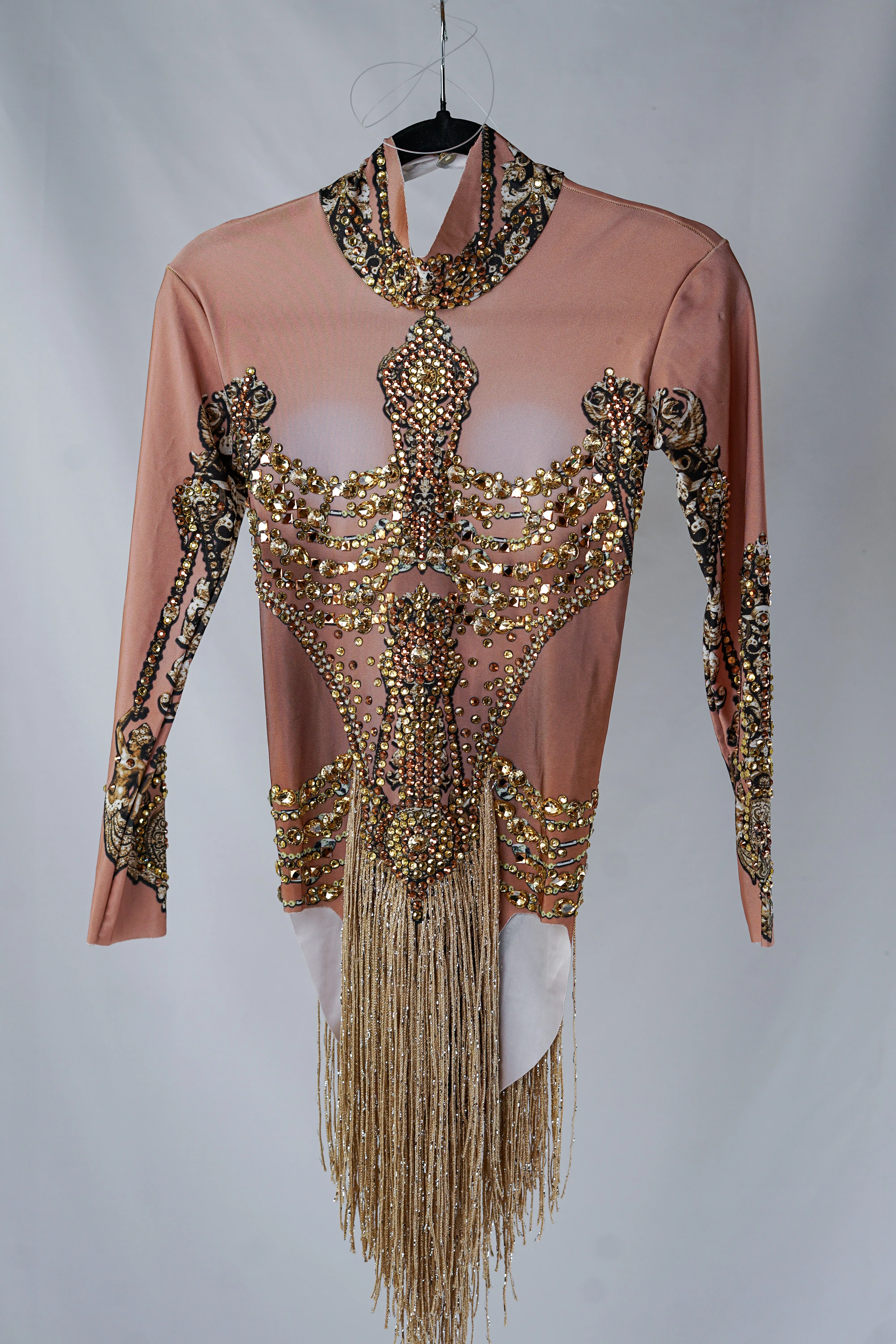 Handmade Gold and Beige Bodysuit with Gold Adornments, Crystals, and Fringe