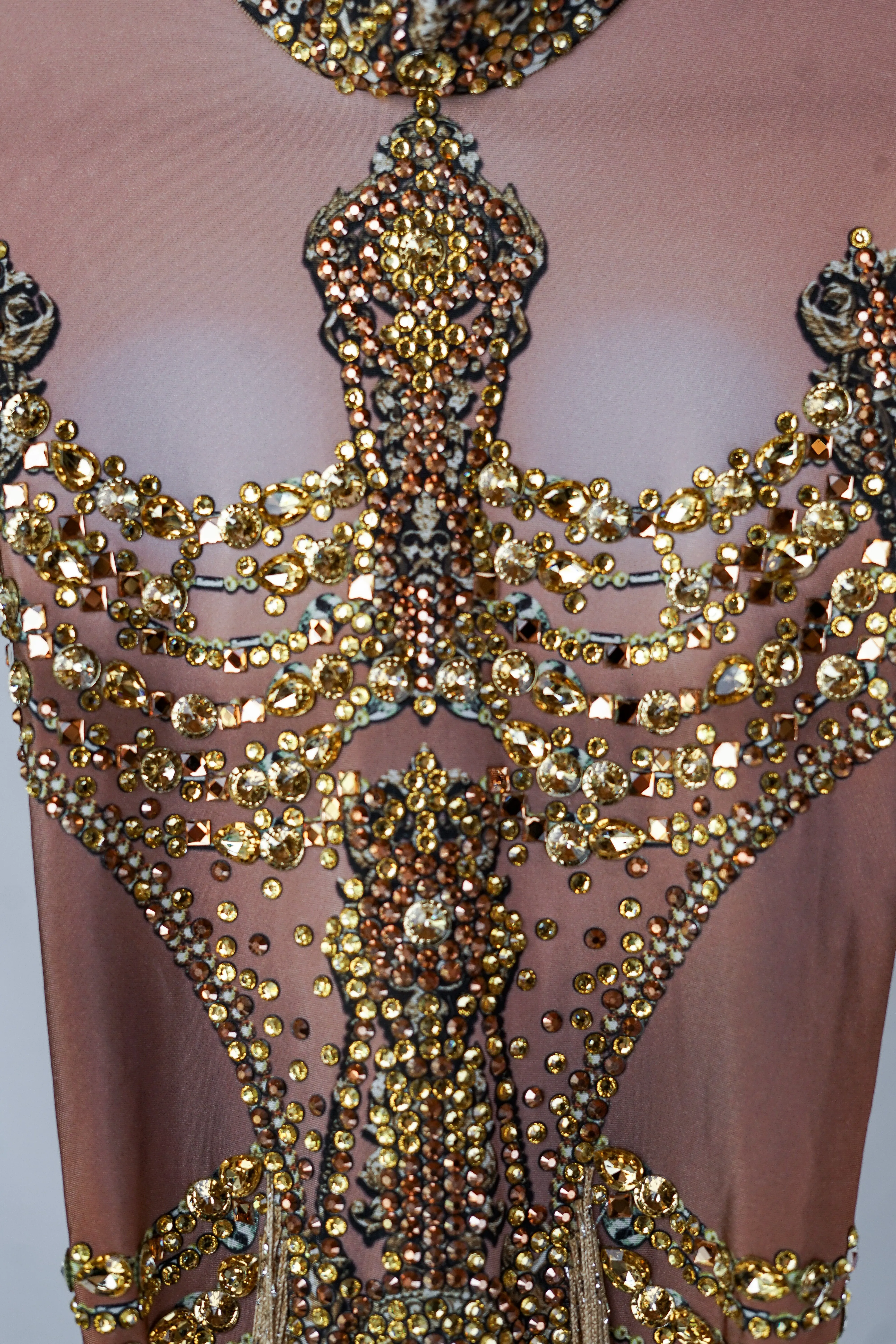 Handmade Gold and Beige Bodysuit with Gold Adornments, Crystals, and Fringe