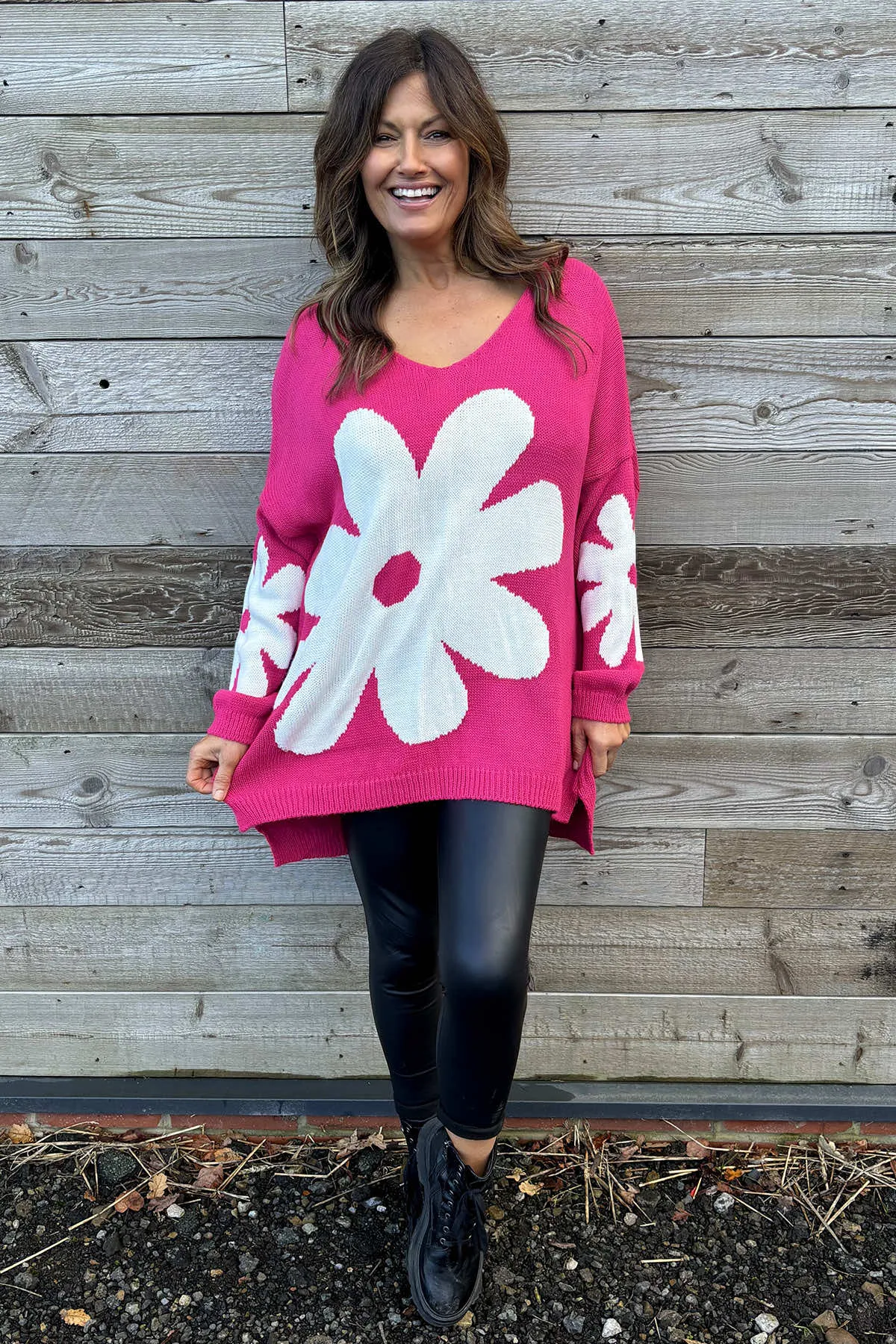 Joan Flower Knitted Jumper Hot Pink