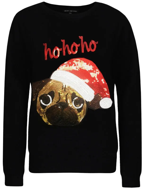 Ladies Ho Ho Ho Sequin Pug Christmas Jumper In Black