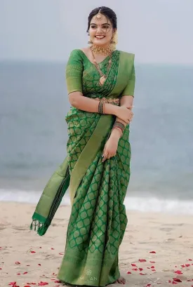 Magnetic Green Soft Silk Saree With Scrumptious Blouse Piece