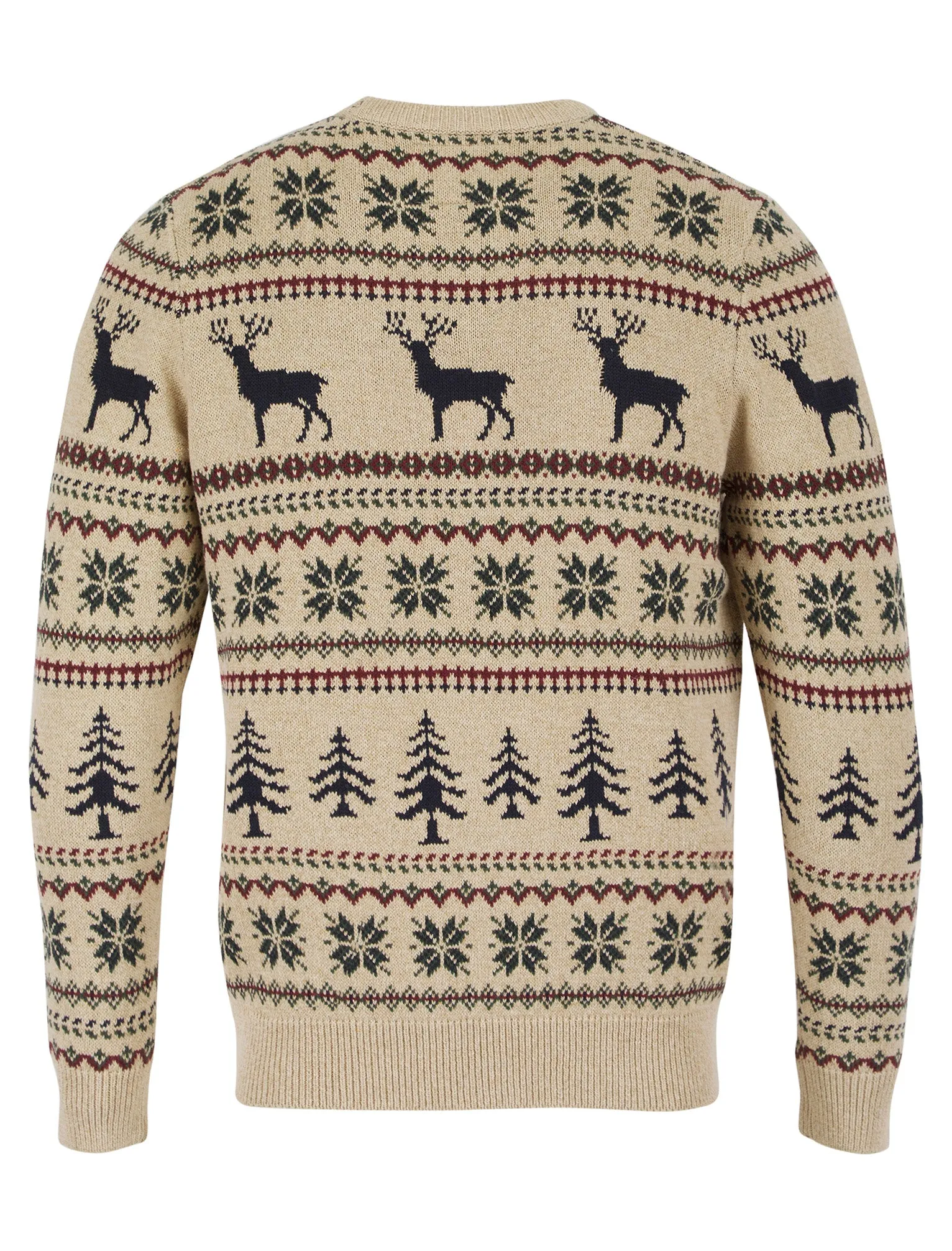 Men's Stag Jacquard Nordic Fair Isle Knitted Christmas Jumper in Biscuit Twist - Merry Christmas